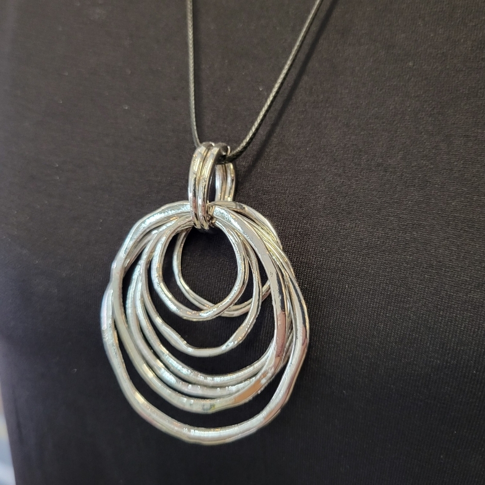 NWT Large 1970s Style Silver Color Spiral BOHO Pendant Necklace 24 In Black Cord